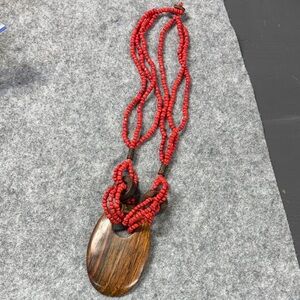 Vtg. Tibetan Wood Red Coral 3 and brown Strand Beads Necklace.